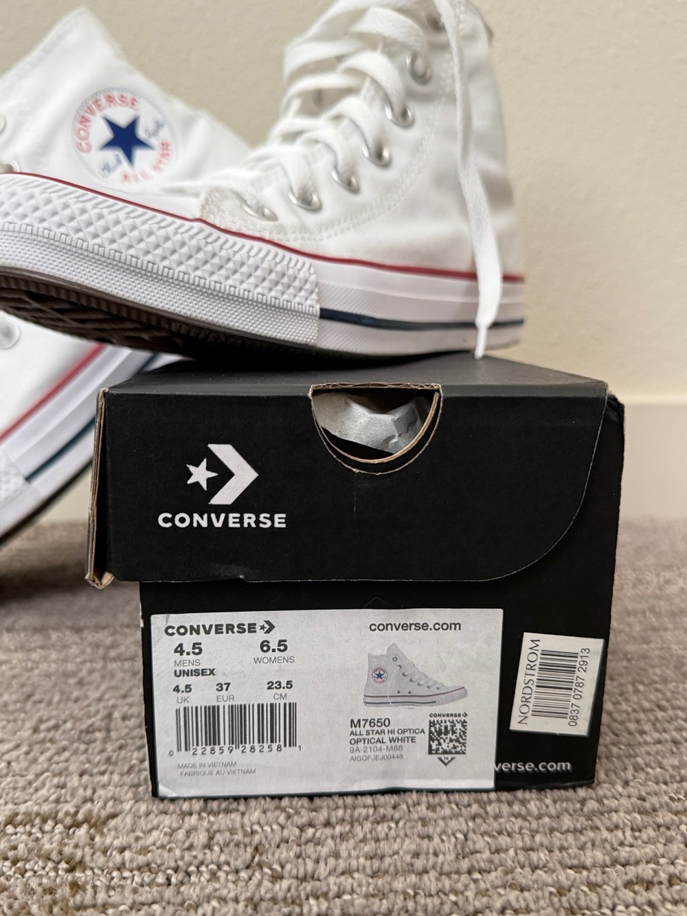 Converse All Star High Top Sneakers in White with Red & Navy Accents - Picture 2 of 8